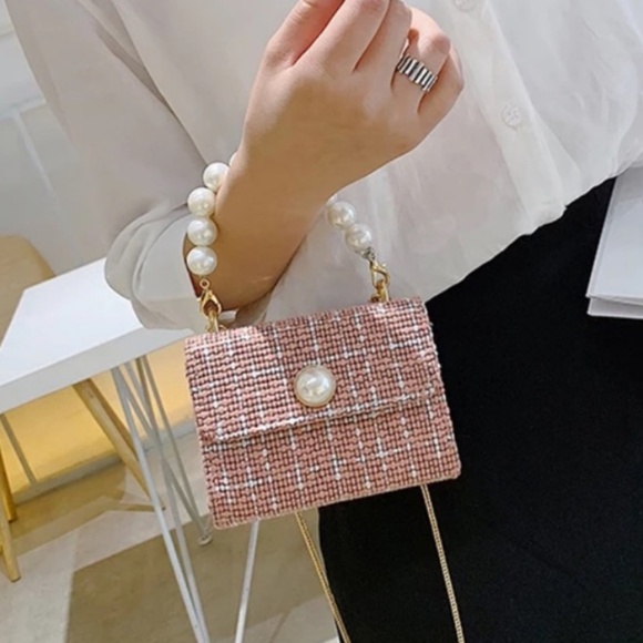 New Cherry Red Faux Pearls Fashion Tweed Mini Kelly Bag + crossbody strap gift - Picture 2 of 5